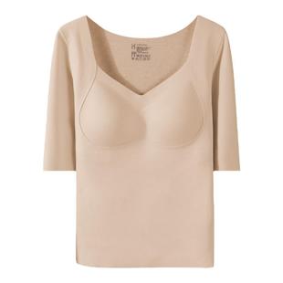 保暖上衣女款五分袖半袖带胸垫内衣文胸一体蚕丝无痕中袖T恤秋衣