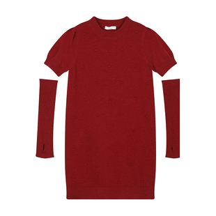 唐狮红色针织连衣裙女2026春季新款镂空设计感宽松显瘦气质毛衣裙