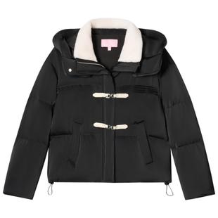 SALT.P可颜羊毛翻领减龄撞色皮扣短款白鸭绒连帽羽绒服2024冬