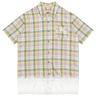 ziziFei夏季美式复古设计感拼接蕾丝上衣显瘦绿色格子短袖衬衫女