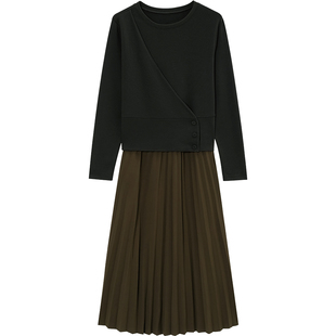 无谓韩式文艺2026春季新款女装宽松假两件拼接下摆百褶连衣裙女