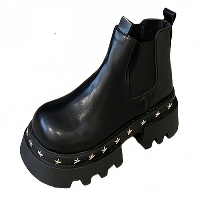 弹力带铆钉坡跟防水台厚底马丁靴