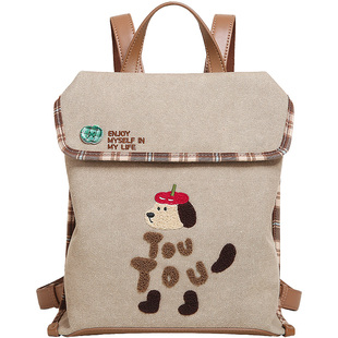 TOUTOU樱桃小狗帆布双肩包大容量通勤轻便出行背包可爱书包送女生