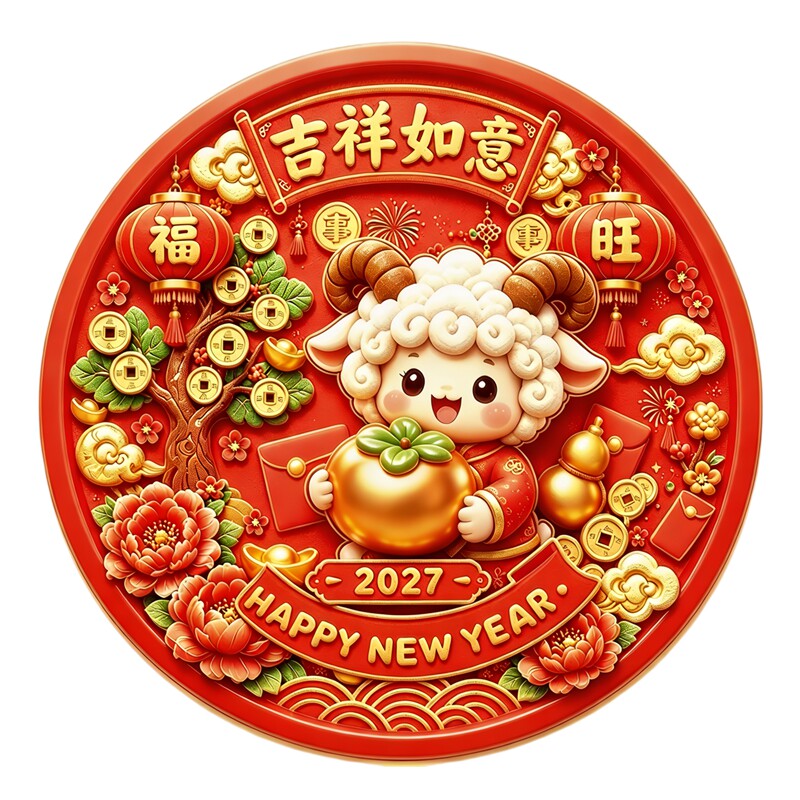 圆形卡通小羊抱柿墙贴牡丹铜钱灯笼吉祥如意新春防水自粘装饰贴纸