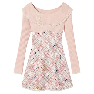 织物猪 粉莓奶糖 甜美风拼接波点连衣裙女早春针织长袖格纹短裙子