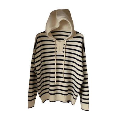 针织套头连帽条纹毛衣