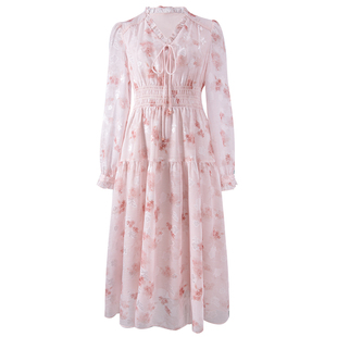 衣纱布菲花琅温柔风剪花雪纺连衣裙2025春秋新款复古收腰显瘦裙子