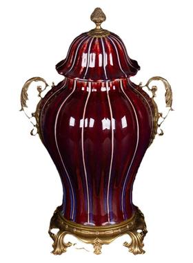 贵夫人铜镶瓷窑变红色釉配铜柏树卷草将军罐景德镇瓷器茶叶罐摆件