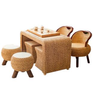 藤编织茶几家用藤椅阳台茶桌椅组合茶台桌子小型实木休闲禅意中式