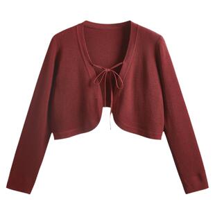 外搭小开衫女春夏季简约系带冰丝针织衫配吊带裙长袖坎肩外套上衣