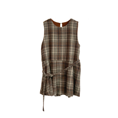 复古秋冬格纹呢子背心裙花苞裙子