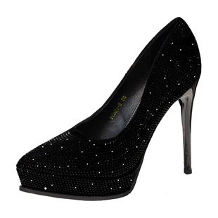 防水台黑色性感水钻水晶尖头细跟超高跟鞋2026新款宴会女单鞋女鞋