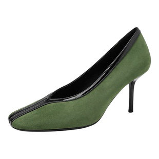 8cm轻熟复古真皮羊皮方头细跟浅口单鞋女拼色通勤鞋气质高跟洋气