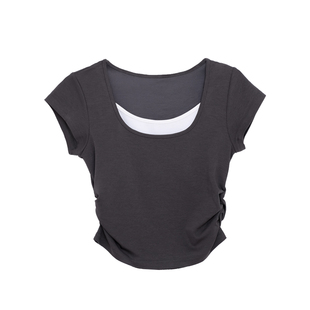 荒荒家 假两件小飞袖短袖2025夏季美式小众设计修身层次感T恤女潮