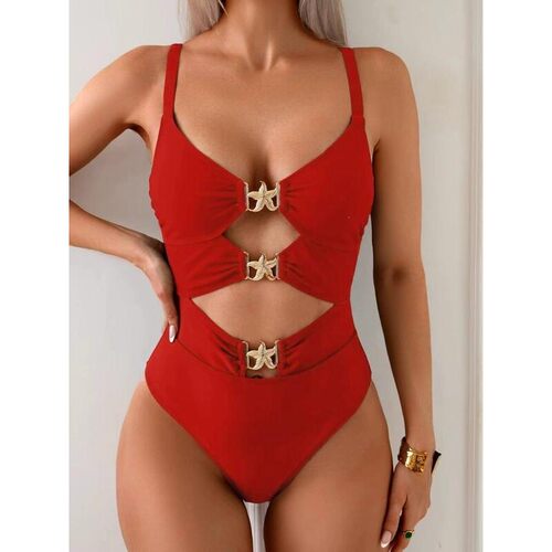O 23021 Solid Color Hollow Metal Swimsuit 纯色镂空连体泳衣