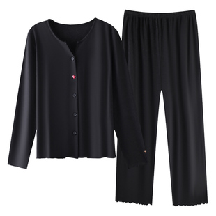 芬腾可安睡衣秋女款2026新款冬季薄绒加厚长袖女士黑家居服秋冬天