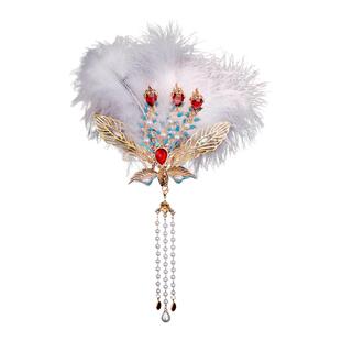 古风白色羽毛手工发冠烧蓝仿珍珠长流苏额饰凤冠cos嫦娥仙子头冠