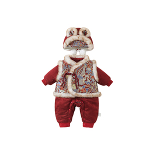 男宝宝新年拜年服婴儿满月百天贺岁礼服冬季加绒加厚连体衣红色冬