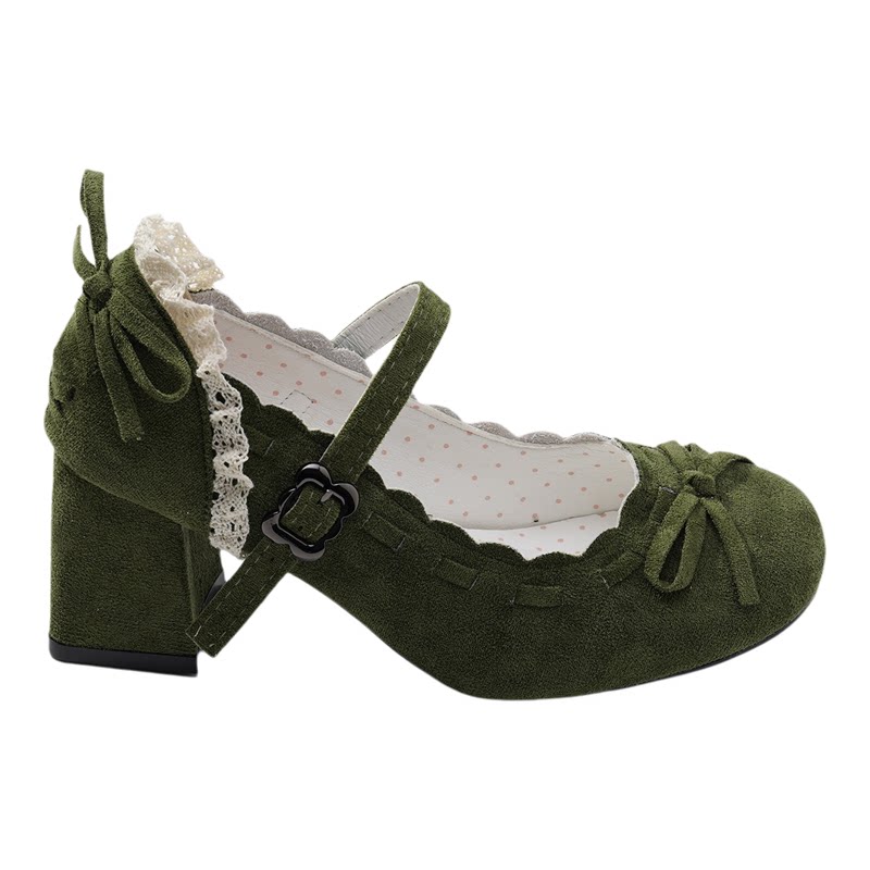 法式蝴蝶结中跟玛丽珍女鞋绿蕾丝