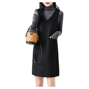 冬季新款毛呢连衣裙小香风V领显瘦中长款百搭无袖马甲裙背心裙