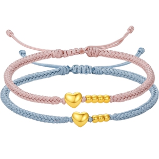 周六福黄金5d硬金手绳情侣定价黄金爱心粉绳蓝绳纪念日情人节礼物