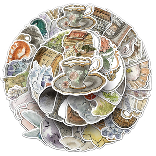 50张水彩贴画卡通彩色水墨风艺术当时旅行箱手账素材咕卡套装贴纸