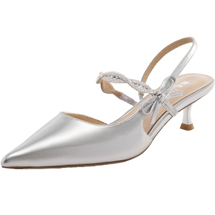 百丽女鞋尖头包头凉鞋女夏季新款一字高跟浅口单鞋婚鞋子B2484BH5