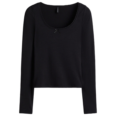 HM女装T恤2025年秋季新款蕾丝边低领口罗纹修身长袖短上衣1296048