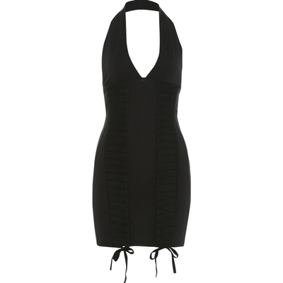 侧边系带收腰显瘦挂脖式连衣裙女