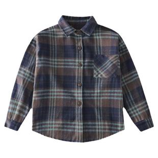 男童格子衬衫2024款中大童春秋季磨毛复古外套棉质时尚衬衣上衣潮