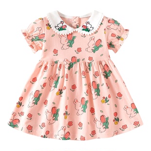 0-7岁溜溜果女童连衣裙夏季纯棉女宝碎花婴儿裙薄款公主裙短袖裙