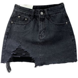 洋气破洞毛边黑色牛仔短裙女装韩版2024春新款宽松A字包臀半身裙