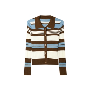 白鹿语复古撞色条纹针织衫冬新款气质翻领长袖开衫针织衫女