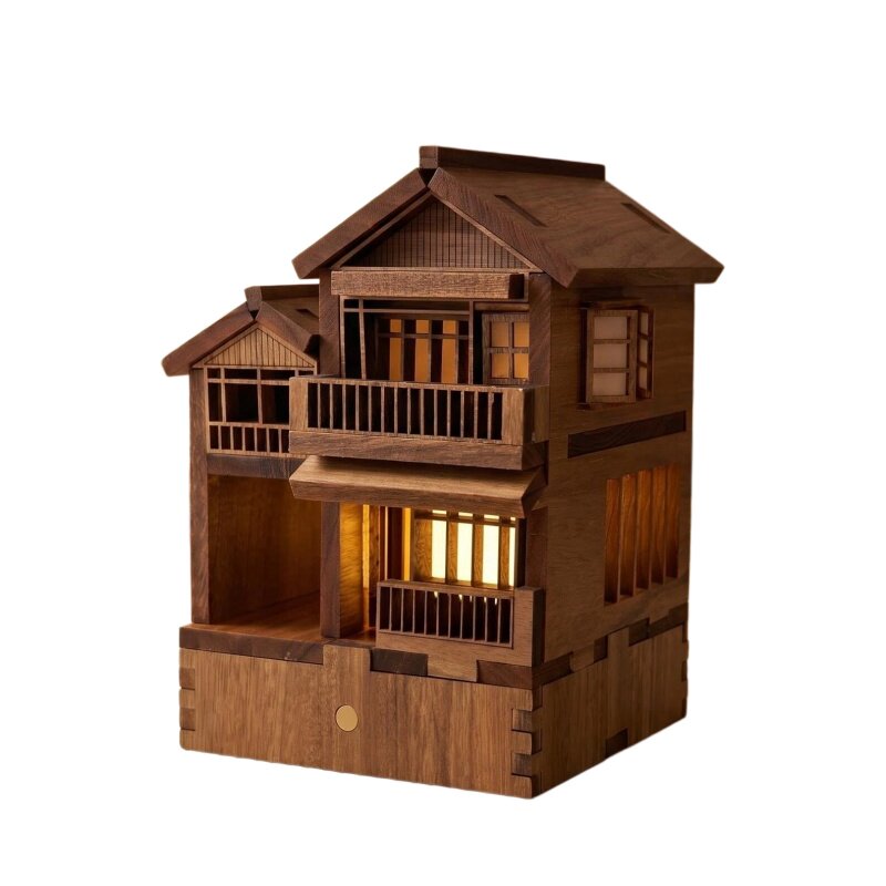 手工实木木屋小夜灯日式别墅发光建筑/DIY小屋/拼