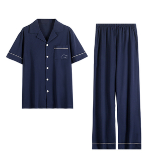 奢莱蔻睡衣女纯棉夏季短袖长裤翻领女士宽松大码带胸垫家居服套装
