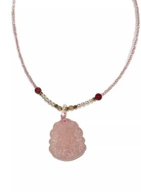 oein精工雕刻天然粉水晶九尾狐牌吊坠许愿狐吊坠项链搭配DIY项链