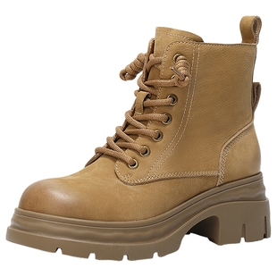 森达厚底马丁靴女2025冬新商场同款酷飒圆头系带真皮短靴XTB01DD5