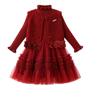 女童小香风连衣裙小女孩冬季套装裙子红色蓬蓬裙中大童纱裙拜年服