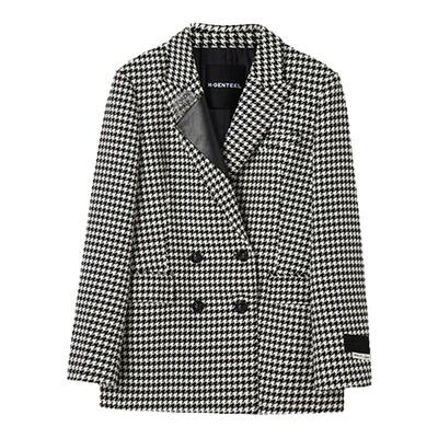 H·GENTEEL荷高新款冬装女千鸟格拼接领羊毛西装短外套女
