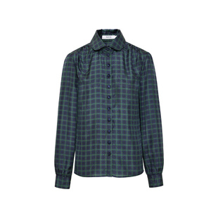 TRACYCHU英伦贵族风墨绿色暗格子苹果领真丝衬衫摆脱路人感冬季款