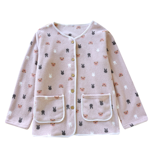 秋冬季女款摇粒绒长袖睡衣单件上衣圆领系扣珊瑚绒小兔子家居外套