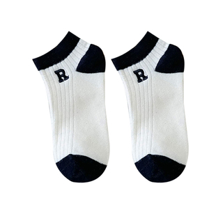 黑白袜子女短袜春秋季薄款精梳棉袜刺绣R字母夏季中短筒网红款潮
