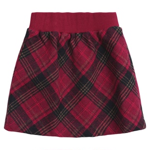memoryin童装短裙两个小朋友复古格纹高腰A子裙松紧腰呢子半身裙
