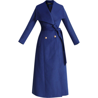 名媛新款蓝色长款毛呢大翻领外套