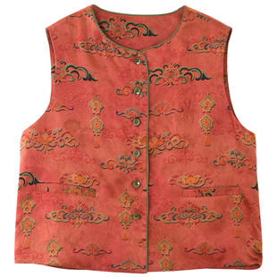 GESGOO重磅红云纱提花真丝马甲女士春季外穿桑蚕丝圆领上衣新中式