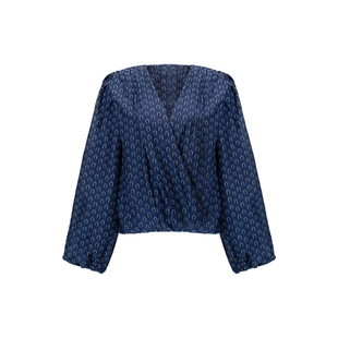 Bettychow 梅丁系列复古蓝色印花真丝灯笼袖衬衫上衣法式v领衬衫