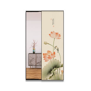 中式荷花玄关全身镜隐藏式家用壁挂画可关闭卧室穿衣镜推拉装饰画