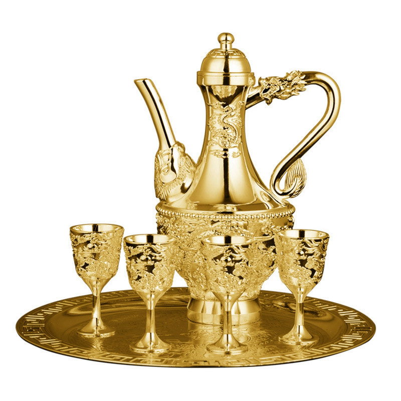 龙凤呈祥银酒具礼盒镀金摆件