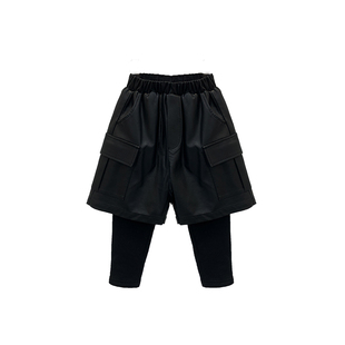 团子麻麻儿童裤子秋冬新款韩版帅气时髦男童皮裤假两件一体绒长裤