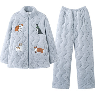 马克公主珊瑚绒夹棉情侣睡衣女冬季可爱小狗超厚三层拉链外套省服